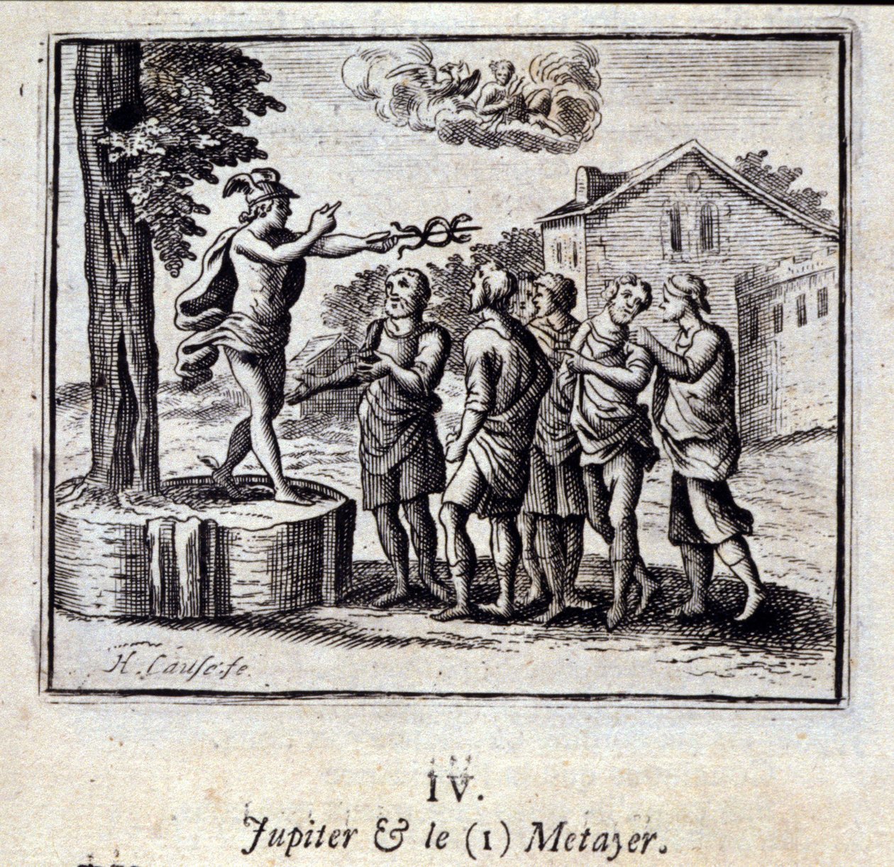 Jupiter og Metayer. Fabler av Jean de La Fontaine (1621-95). Illustrasjon av Francois Chauveau (1613-1676). Utgave av 1728. av Francois Chauveau
