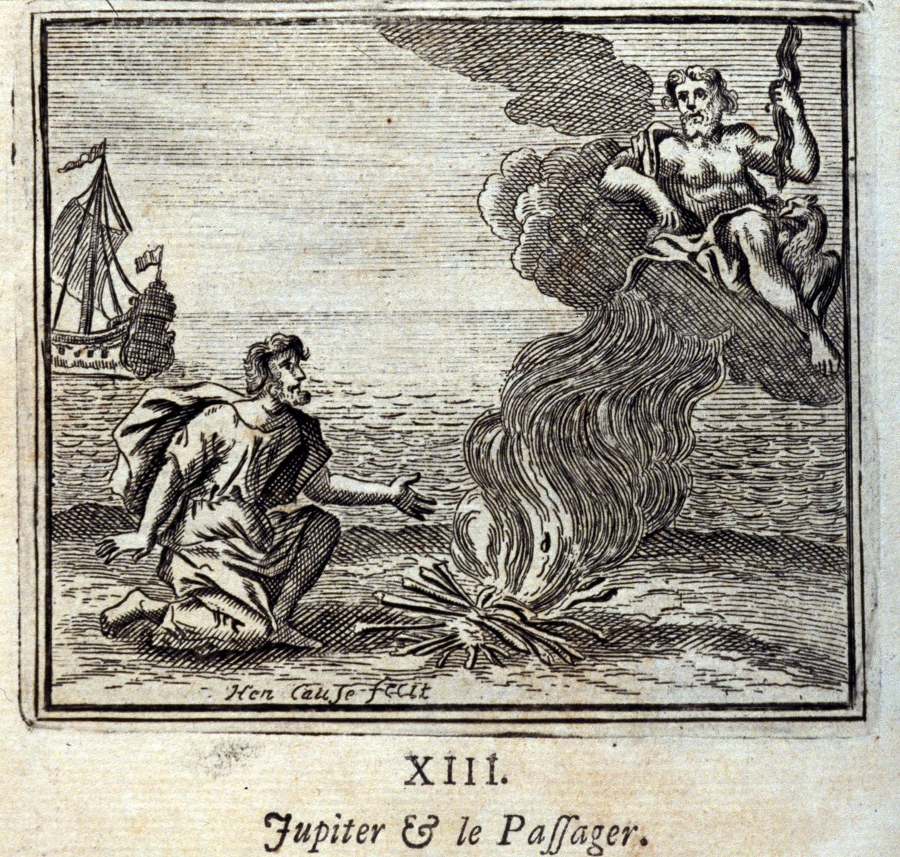 Jupiter og passasjeren. Fabler av Jean de La Fontaine (1621-95). Illustrasjon av Francois Chauveau (1613-1676). Utgave av 1728. av Francois Chauveau