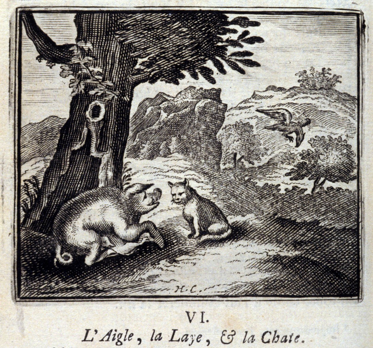 The Eagle the Laie and the Cat. Fables av Jean de La Fontaine (1621-95). Illustrasjon av Francois Chauveau (1613-1676). Utgave av 1728. av Francois Chauveau