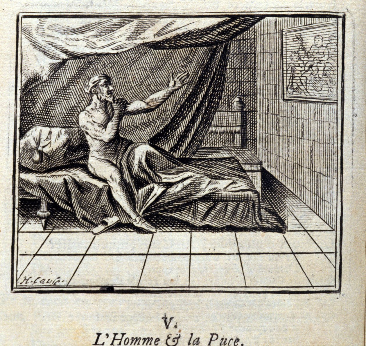 The Man and the Flea.Fables av Jean de La Fontaine (1621-95). Illustrasjon av Francois Chauveau (1613-1676). Utgave av 1728. av Francois Chauveau