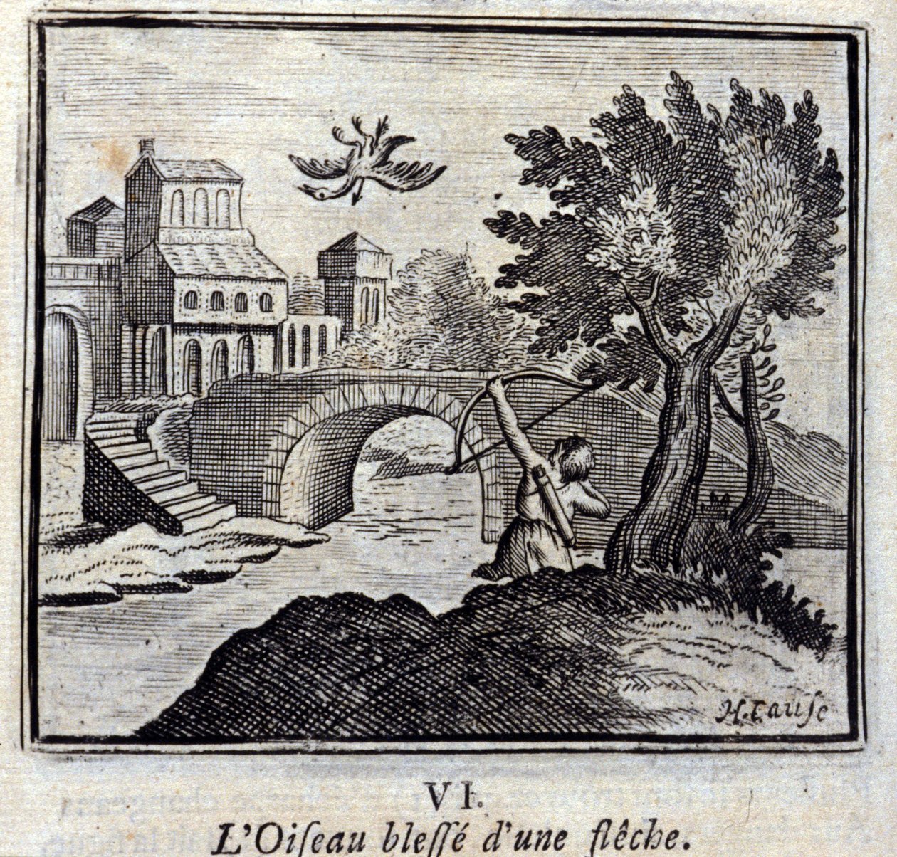 The Bird Wesses med en pil Fabler av Jean de La Fontaine (1621-95). Illustrasjon av Francois Chauveau (1613-1676). Utgave av 1728. av Francois Chauveau