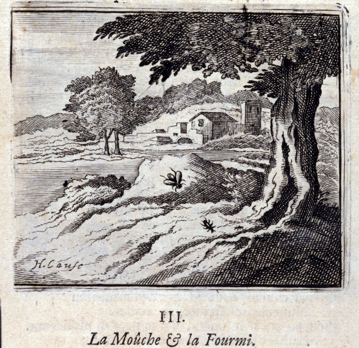 Fluen og maurfabler av Jean de La Fontaine (1621-95). Illustrasjon av Francois Chauveau (1613-1676). Utgave av 1728. av Francois Chauveau