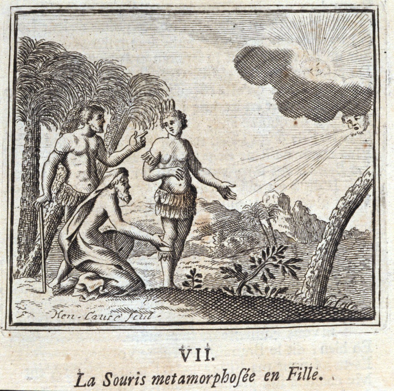 La Souris forvandlet til en jente. Fabler av Jean de La Fontaine (1621-95). Illustrasjon av François Chauveau (1613-1676). Utgave av 1728. av Francois Chauveau