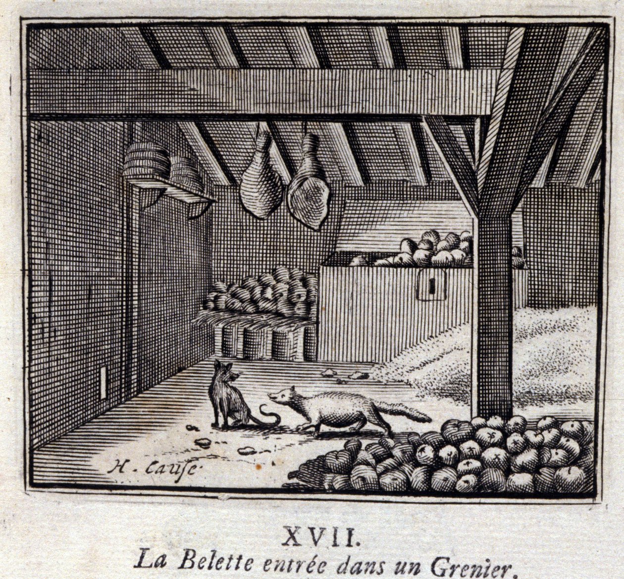 La Weasette gikk inn i en Grenier. Fabler av Jean de La Fontaine (1621-95). Illustrasjon av François Chauveau (1613-1676). Utgave av 1728. av Francois Chauveau