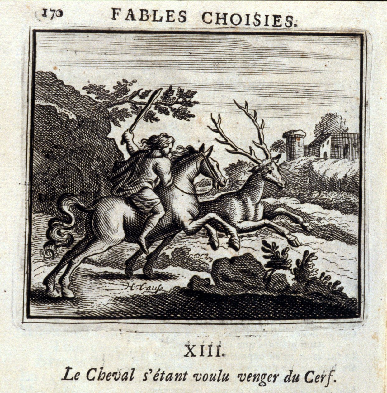 Hesten ønsket hevn for hjorten. Fabler av Jean de La Fontaine (1621-95). Illustrasjon av Francois Chauveau (1613-1676). Utgave av 1728. av Francois Chauveau