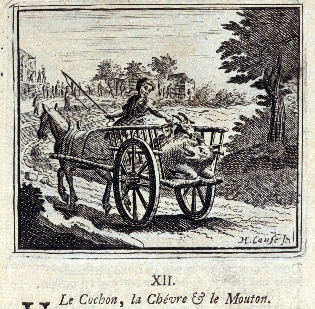 The Pig the Goat and the Mut.Fables av Jean de La Fontaine (1621-95). Illustrasjon av Francois Chauveau (1613-1676). Utgave av 1728. av Francois Chauveau