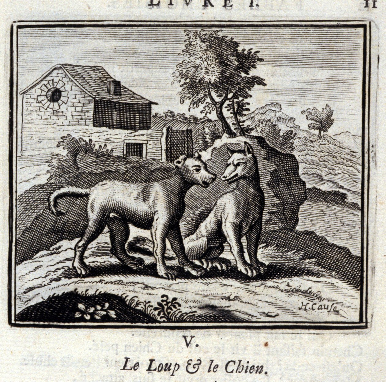 Ulven og hunden. Fabler av Jean de La Fontaine (1621-95). Illustrasjon av Francois Chauveau (1613-1676). Utgave av 1728. av Francois Chauveau