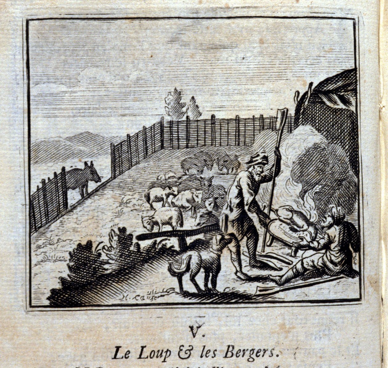 Ulven og hyrdene. Fabler av Jean de La Fontaine (1621-95). Illustrasjon av François Chauveau (1613-1676). Utgave av 1728. av Francois Chauveau