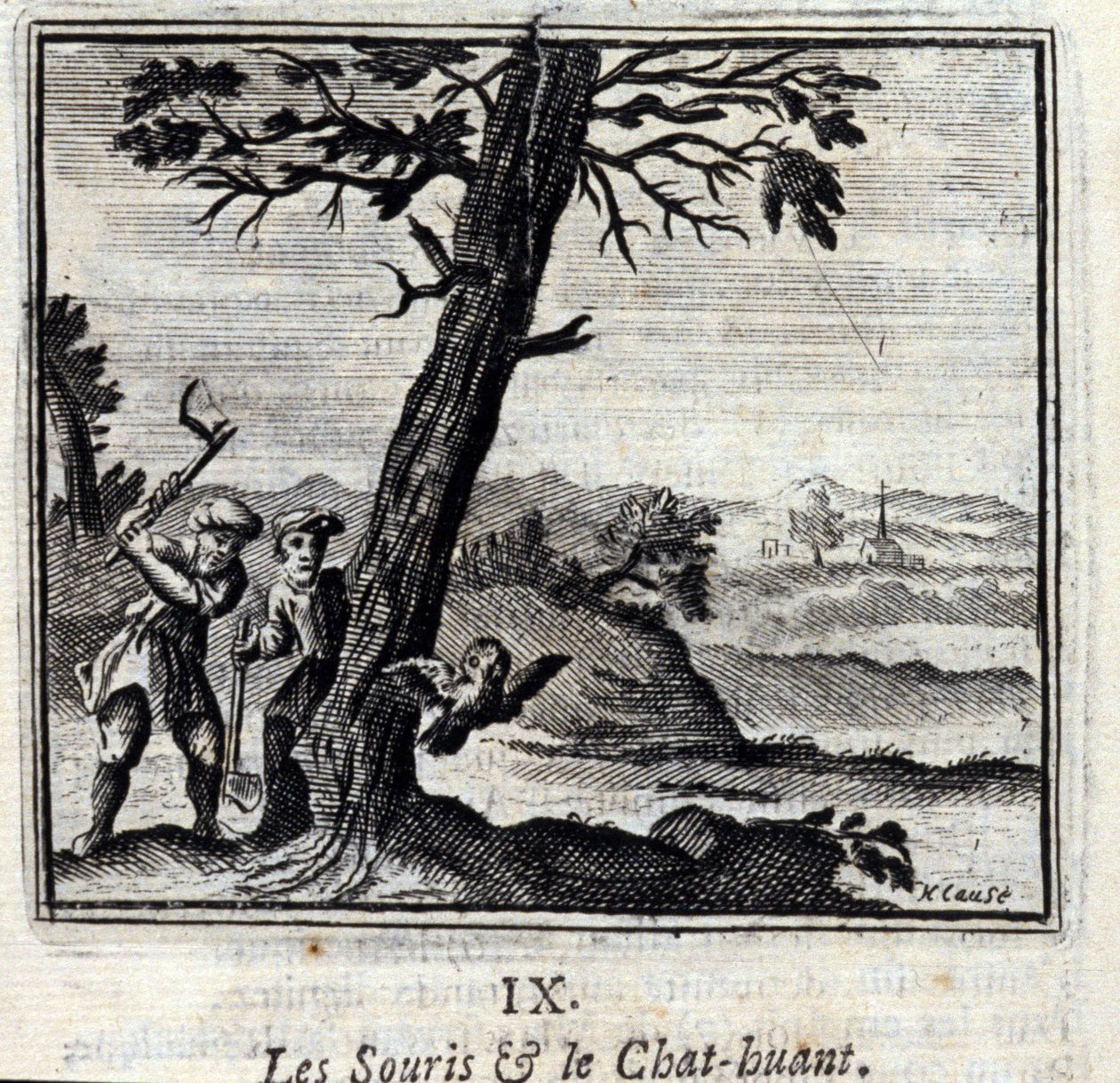 Musene og Huant-katten. Fabler av Jean de La Fontaine (1621-95). Illustrasjon av Francois Chauveau (1613-1676). Utgave av 1728. av Francois Chauveau