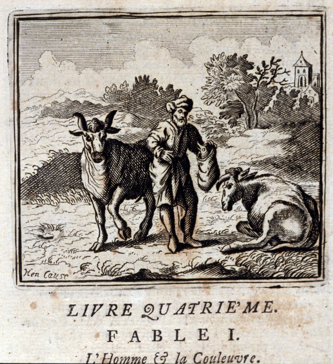 Mann og slange. Fabler av Jean de La Fontaine (1621-95). Illustrasjon av Francois Chauveau (1613-1676). Utgave av 1728. av Francois Chauveau