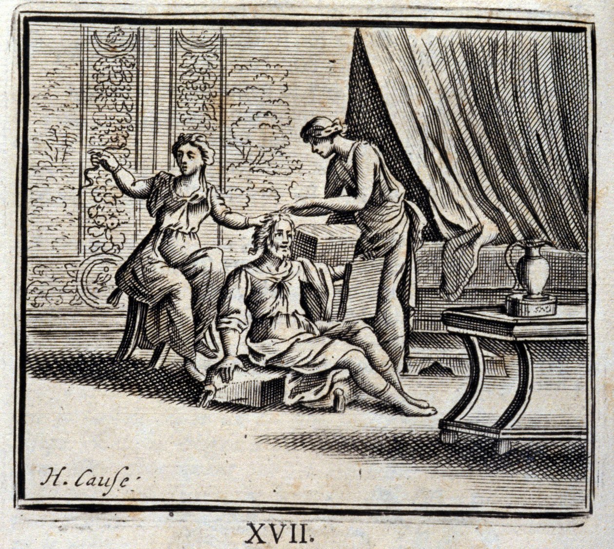 Mann mellom to aldre og hans to elskerinner. Fabler av Jean de La Fontaine (1621-95). Illustrasjon av Francois Chauveau (1613-1676). Utgave av 1728. av Francois Chauveau
