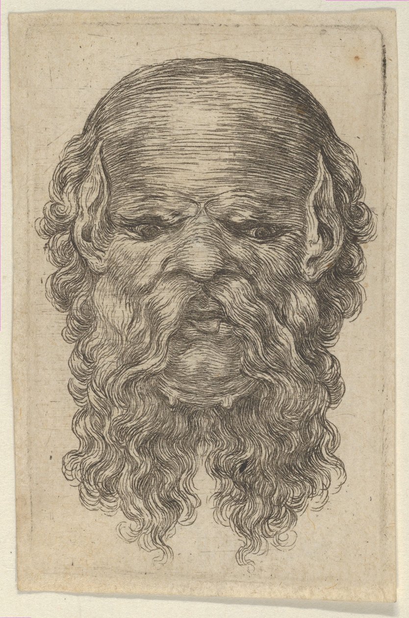 Maske av en skallet mann med spisse ører og langt skjegg med delt skjegg, fra Divers Masques, ca. 1635-45. av Francois Chauveau