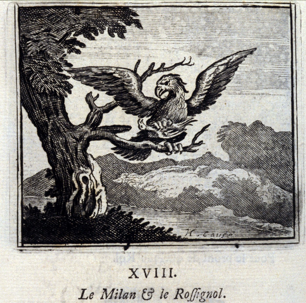 Milano og nattergalen. Fabler av Jean de La Fontaine (1621-95). Illustrasjon av Francois Chauveau (1613-1676). Utgave av 1728. av Francois Chauveau