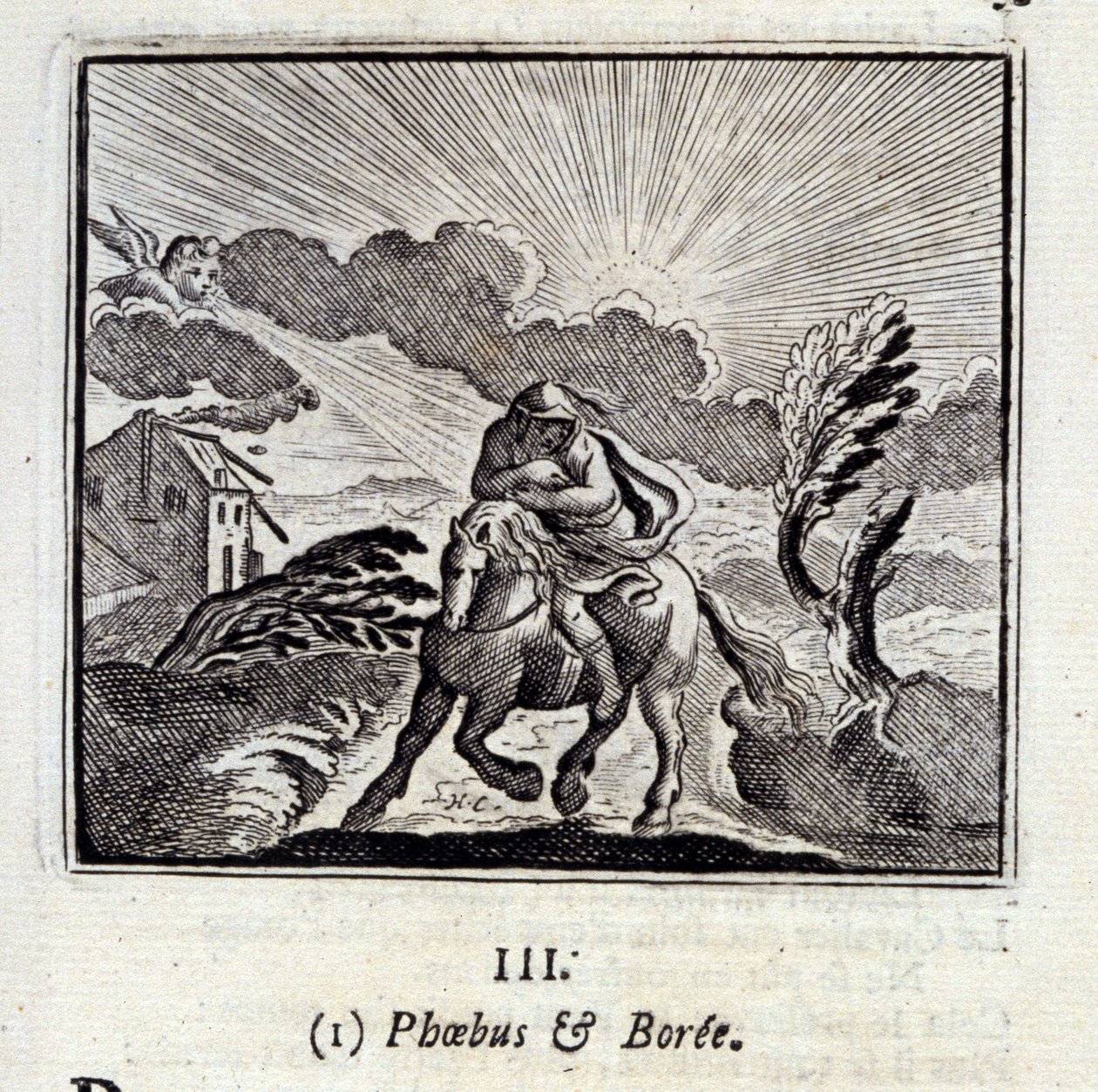 Phebus og Boree. Fabler av Jean de La Fontaine (1621-95). Illustrasjon av Francois Chauveau (1613-1676). Utgave av 1728. av Francois Chauveau