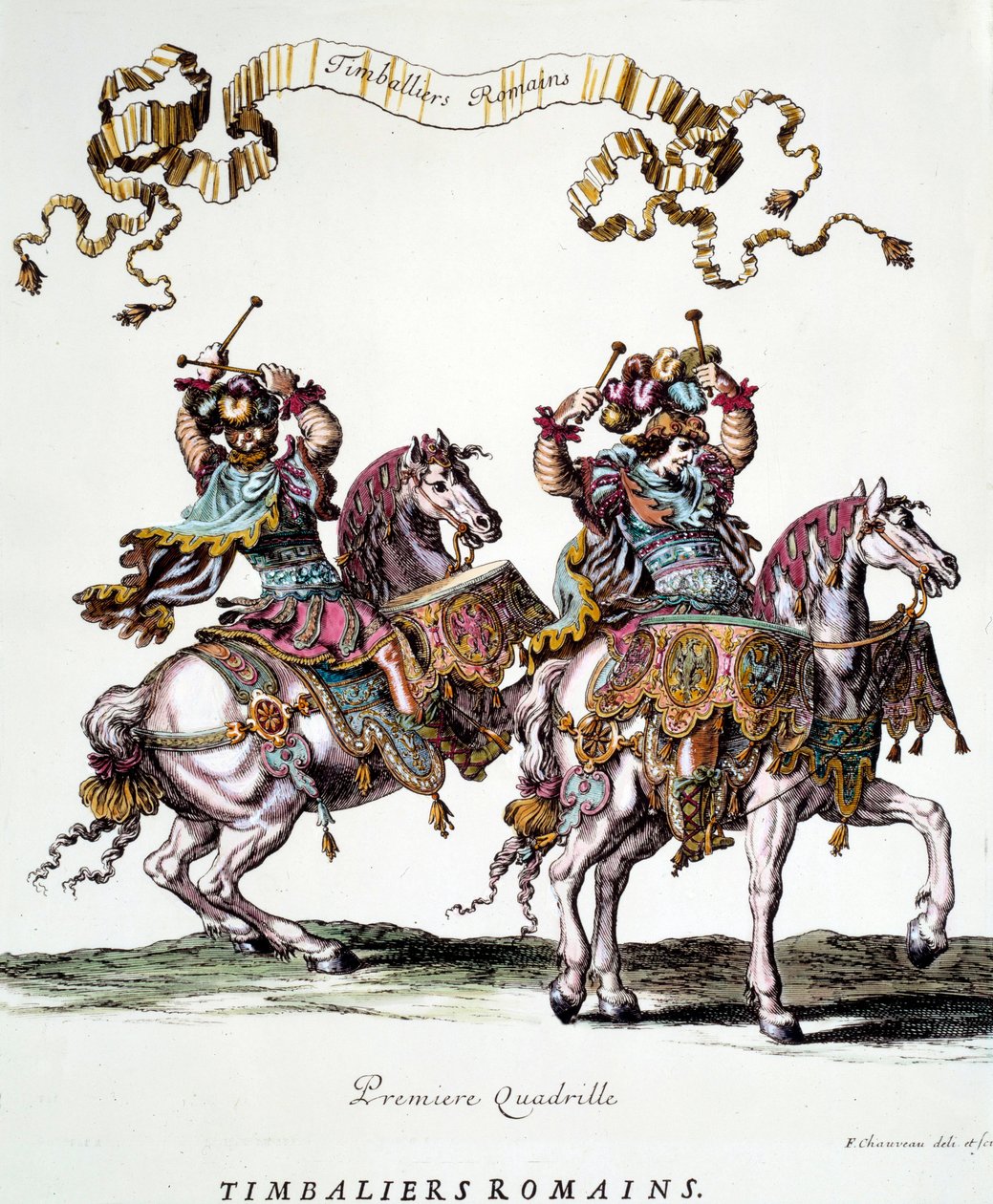 Romerske timbaliers under karusellen gitt av kong Louis XIV (1638-1715) i 1662 Gravering av Francois Chauveau (1613-1676) 1600-tallets privatsamling av Francois Chauveau