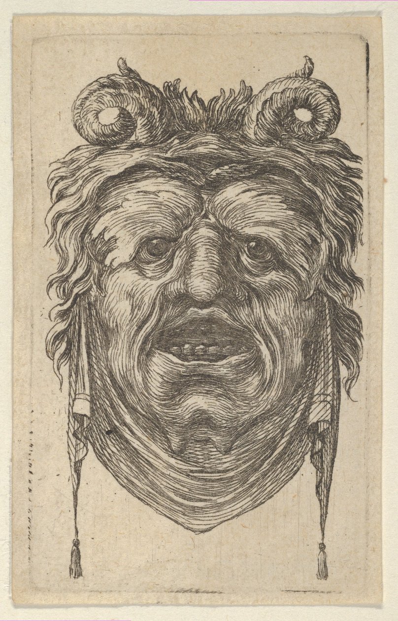 Satyrmaske med krøllede horn, bladrike øyenbryn og en klut som henger under haken, ca. 1635-45. av Francois Chauveau