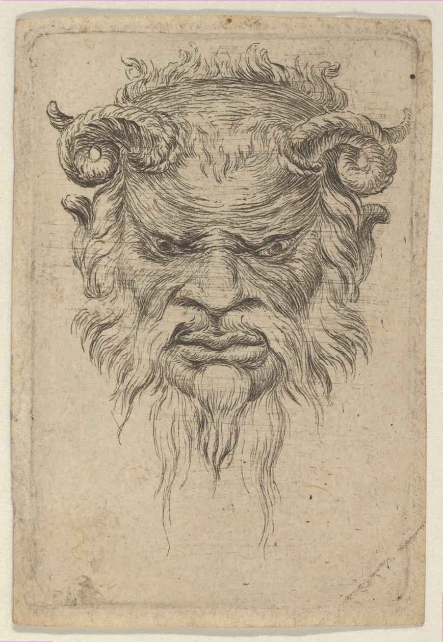 Satyrmaske med krøllede horn som ser ned, fra Divers Masques, ca. 1635-45. av Francois Chauveau