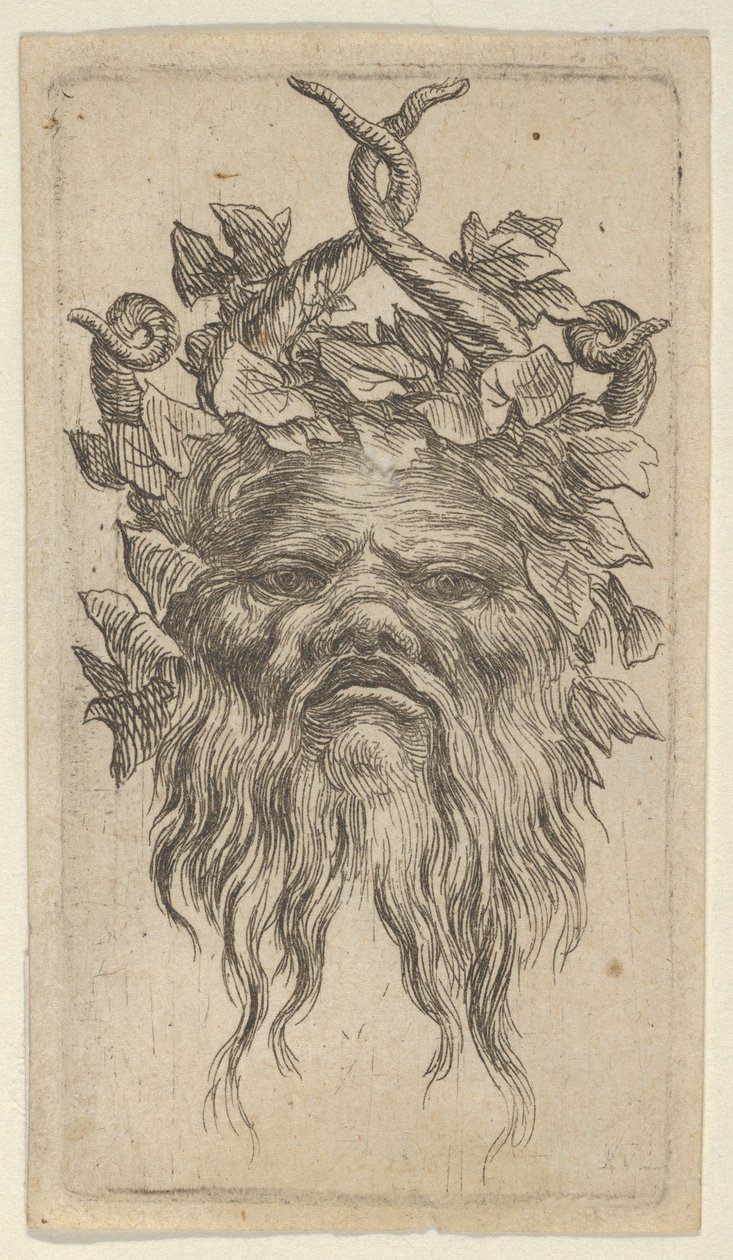 Satyrmaske med krokete horn og en eføykrans, fra Divers Masques, ca. 1635-45. av Francois Chauveau