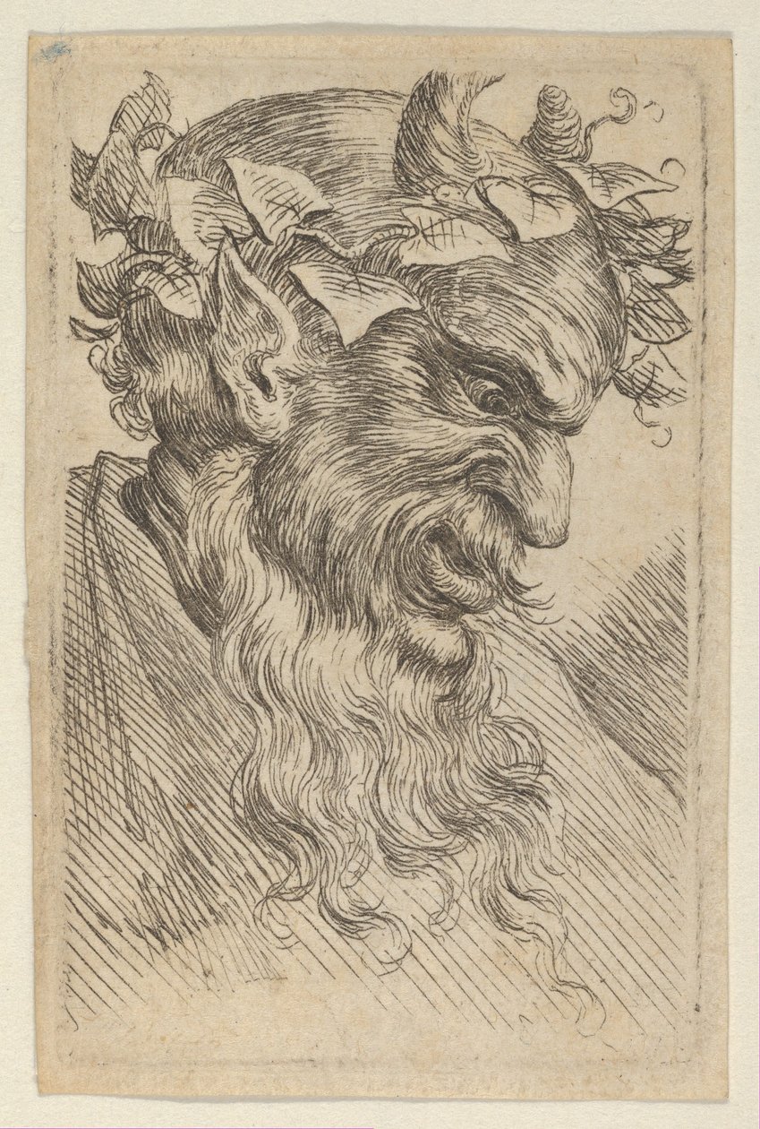 Satyrmaske med eføykrone, mot høyre, fra Divers Masques, ca. 1635-45. av Francois Chauveau