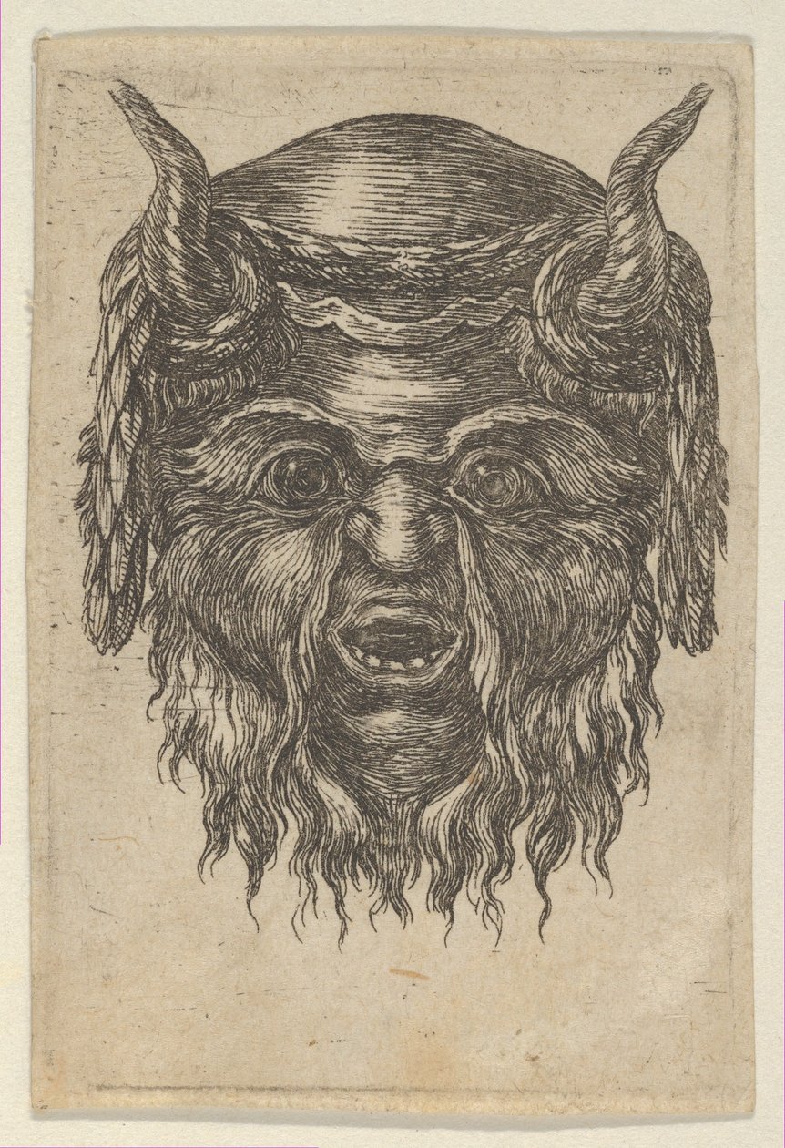 Satyrmaske med laurbærkrans drapert over hornene, fra Divers Masques, ca. 1635-45. av Francois Chauveau