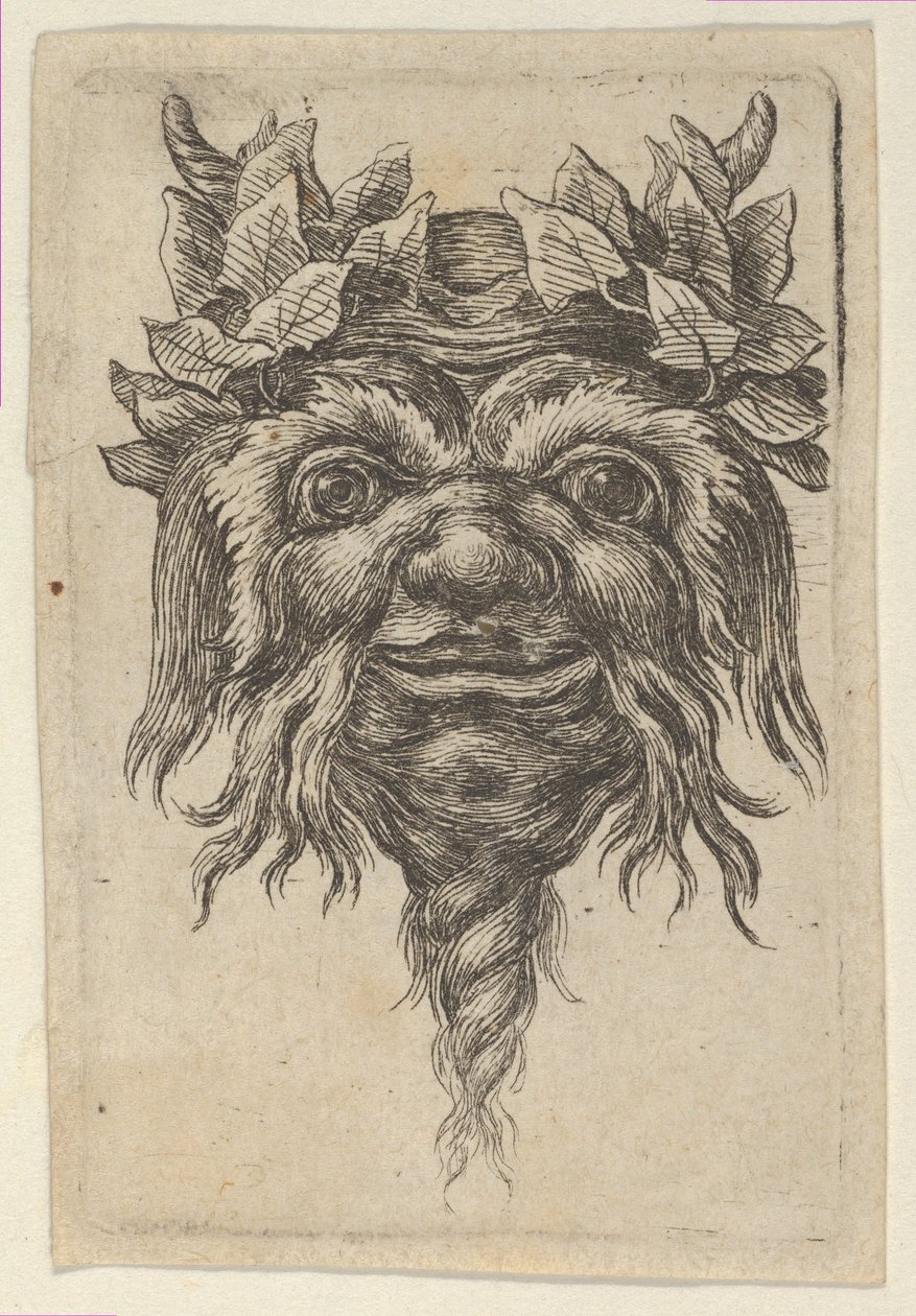 Satyrmaske med spiralformet skjegg og eføy gruppert rundt hvert horn, fra Divers..., ca. 1635-45. av Francois Chauveau