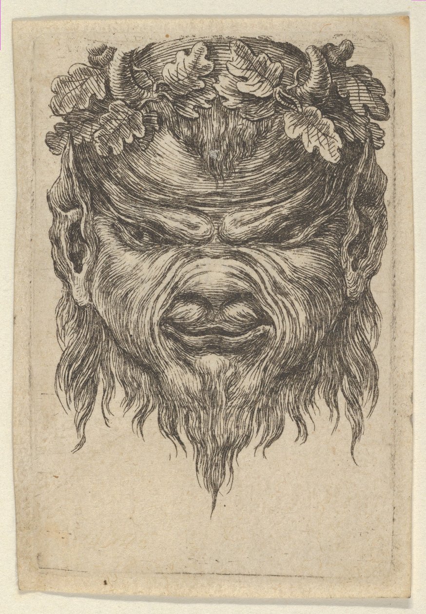 Satyrmaske med en innrykket snute og en krans av eikeblader, fra Divers Masques, ca. 1635-45. av Francois Chauveau