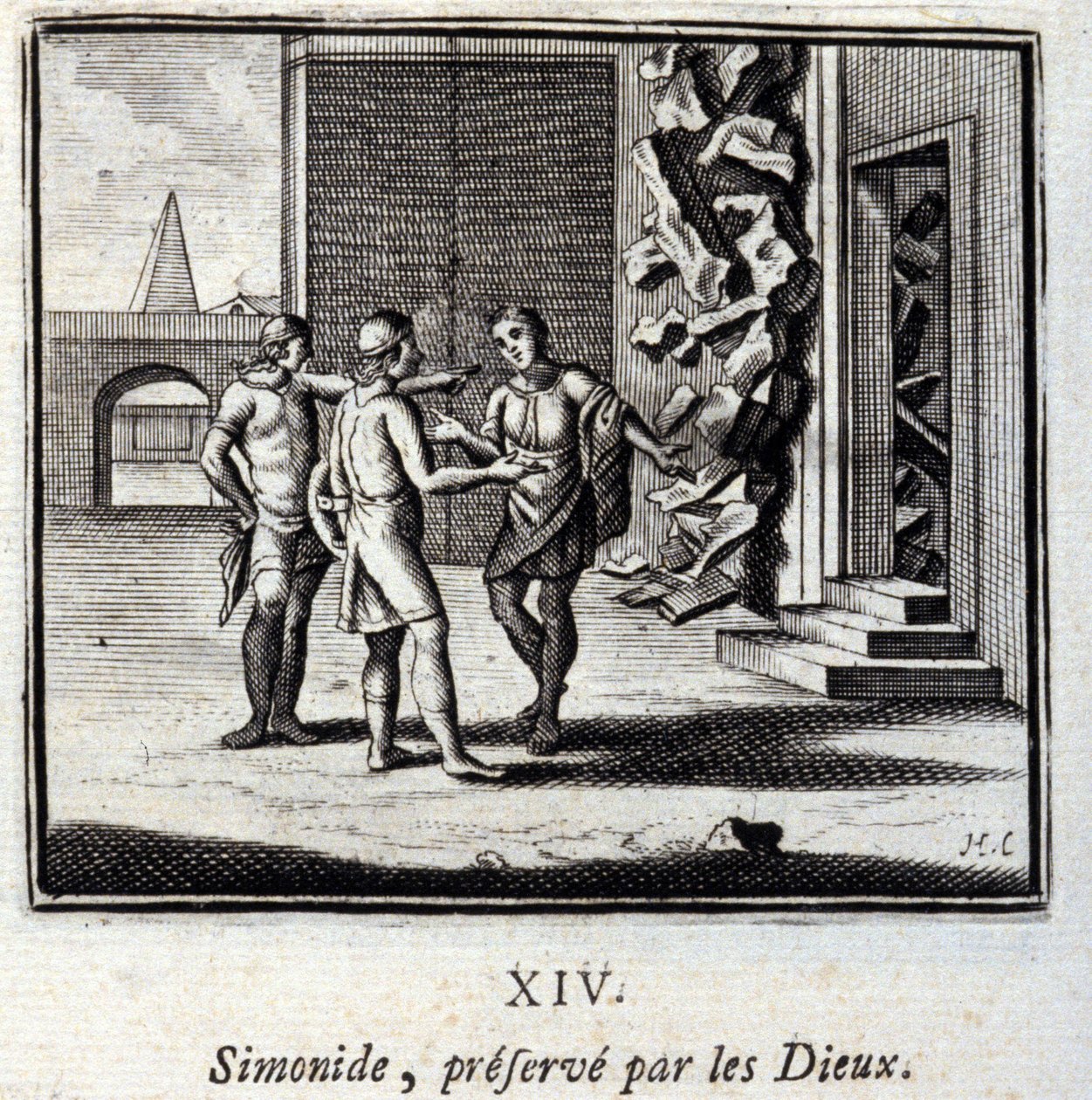 Simonides bevart av gudene. Fabler av Jean de La Fontaine (1621-95). Illustrasjon av Francois Chauveau (1613-1676). Utgave av 1728. av Francois Chauveau