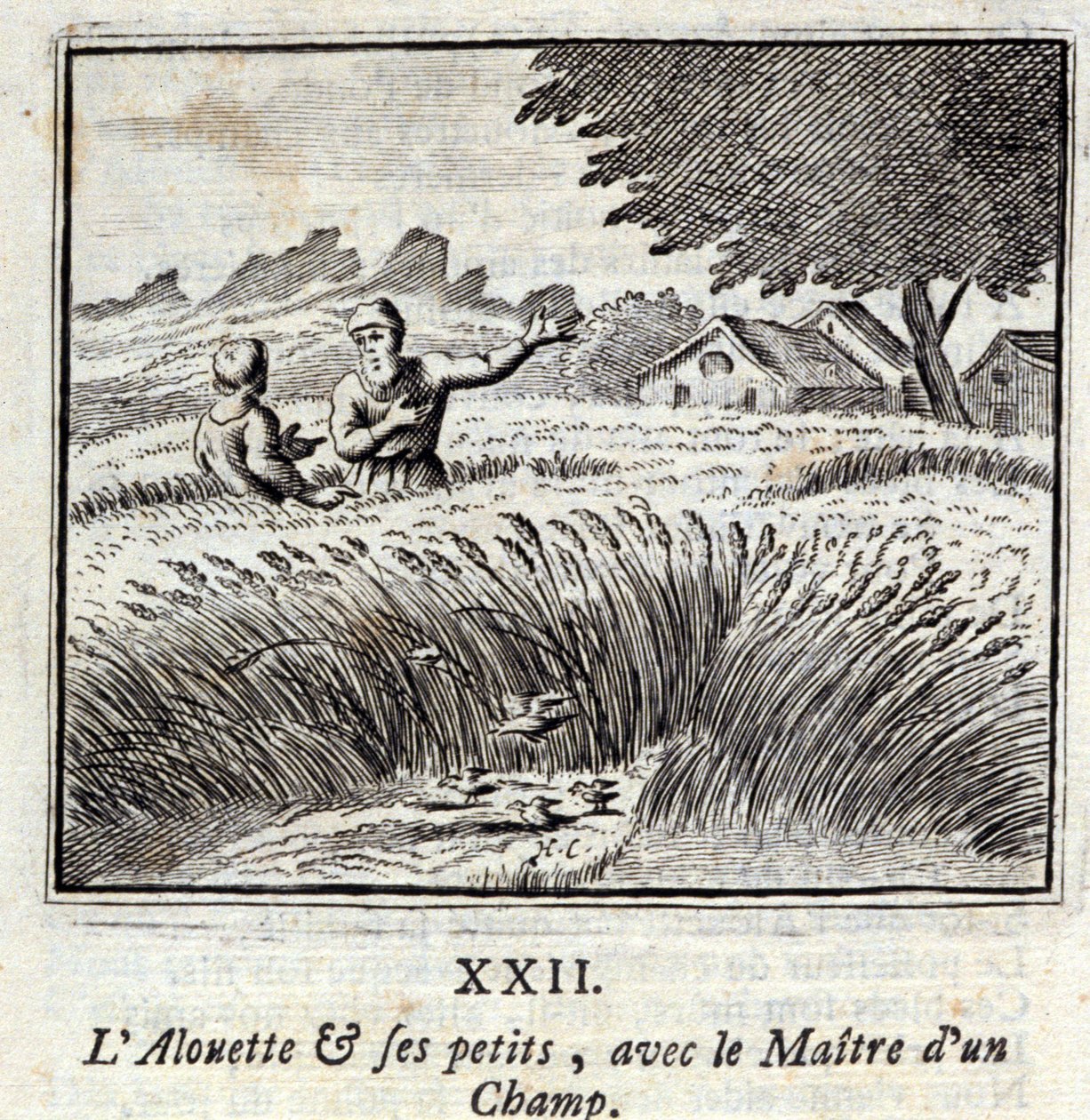 Alouetten og hans små med Mesteren på et felt. Fabler av Jean de La Fontaine (1621-95). Illustrasjon av François Chauveau (1613-1676). Utgave av 1728. av Francois Chauveau