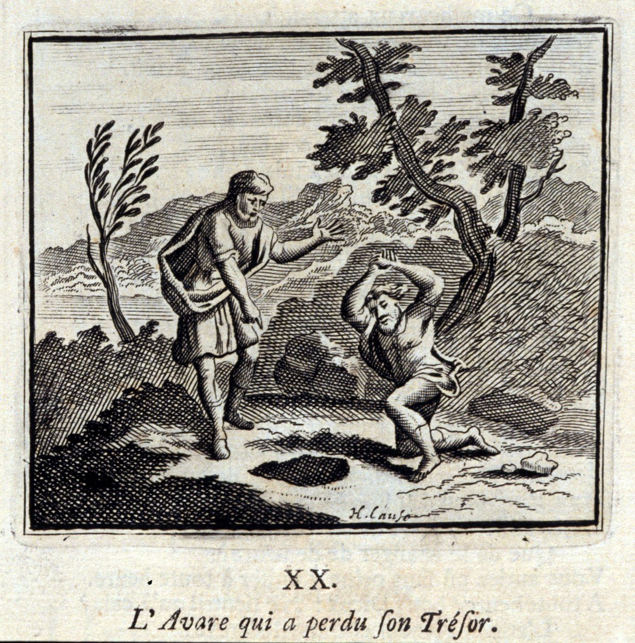 The Avare som mistet sin tresor.Fables av Jean de La Fontaine (1621-95). Illustrasjon av François Chauveau (1613-1676). Utgave av 1728. av Francois Chauveau