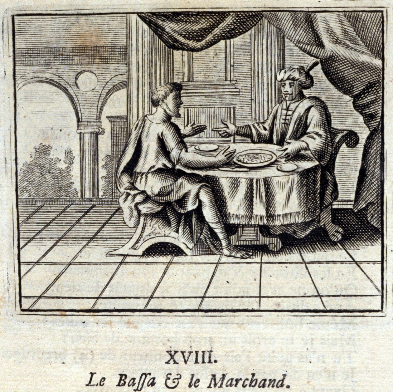 Bassaen og kjøpmannen. Fabler av Jean de La Fontaine (1621-95). Illustrasjon av Francois Chauveau (1613-1676). Utgave av 1728. av Francois Chauveau
