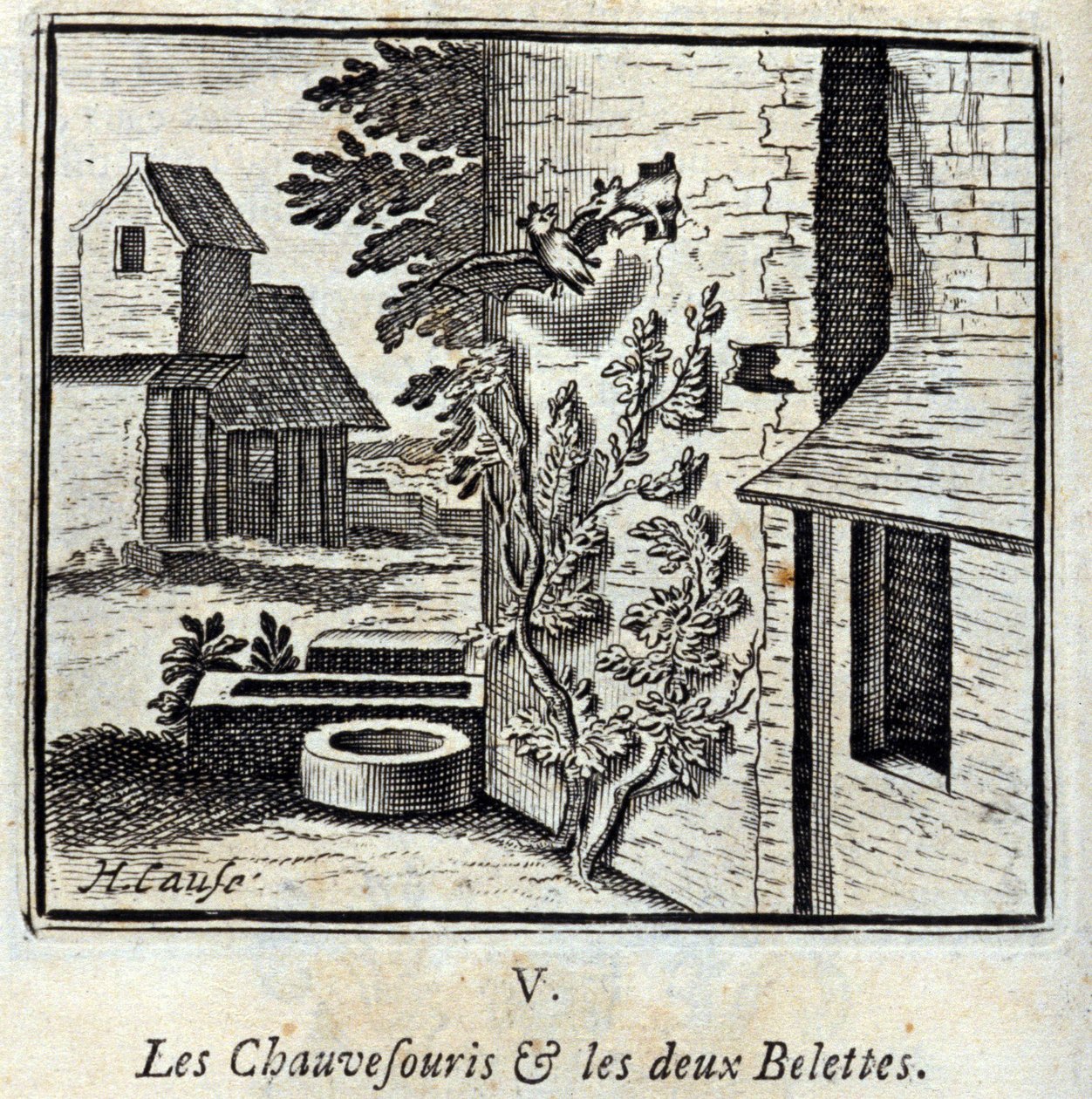 Flaggermusen og de to veslene. Fabler av Jean de La Fontaine (1621-95). Illustrasjon av François Chauveau (1613-1676). Utgave av 1728. av Francois Chauveau