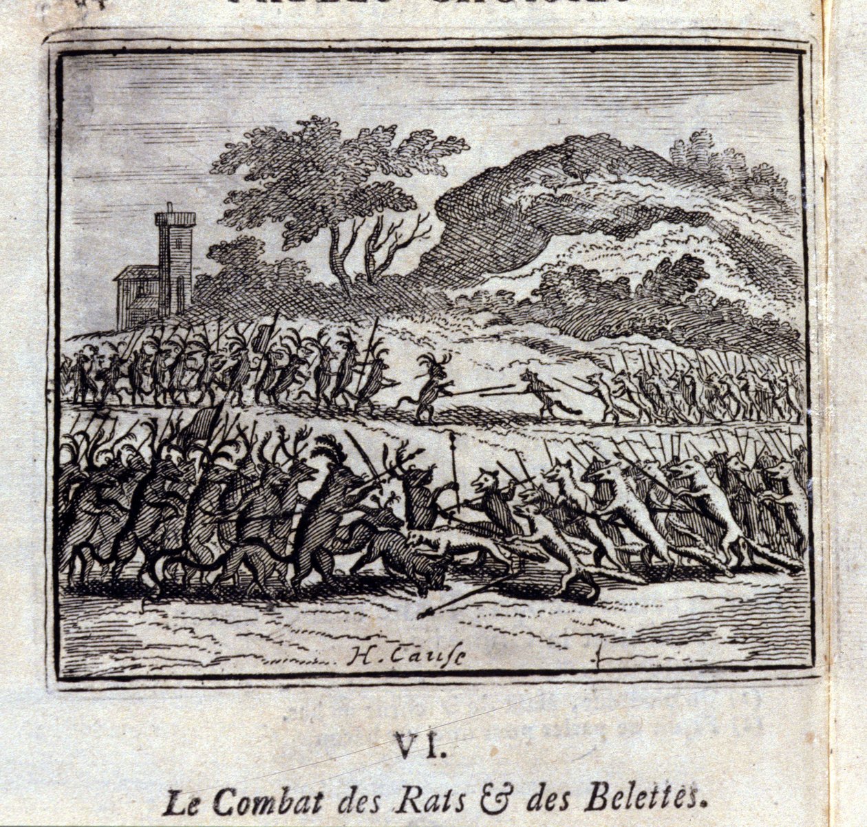 Slaget om rotter og veslinger. Fabler av Jean de La Fontaine (1621-95). Illustrasjon av François Chauveau (1613-1676). Utgave av 1728. av Francois Chauveau