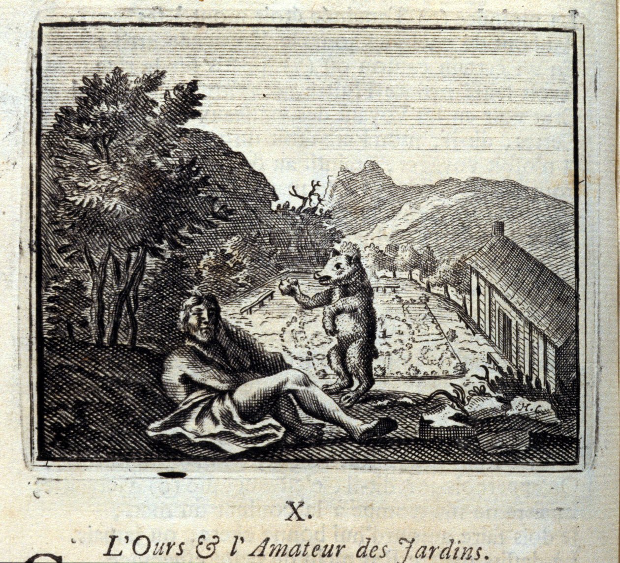 Bjørnen og hageamatøren. Fabler av Jean de La Fontaine (1621-95). Illustrasjon av François Chauveau (1613-1676). Utgave av 1728. av Francois Chauveau