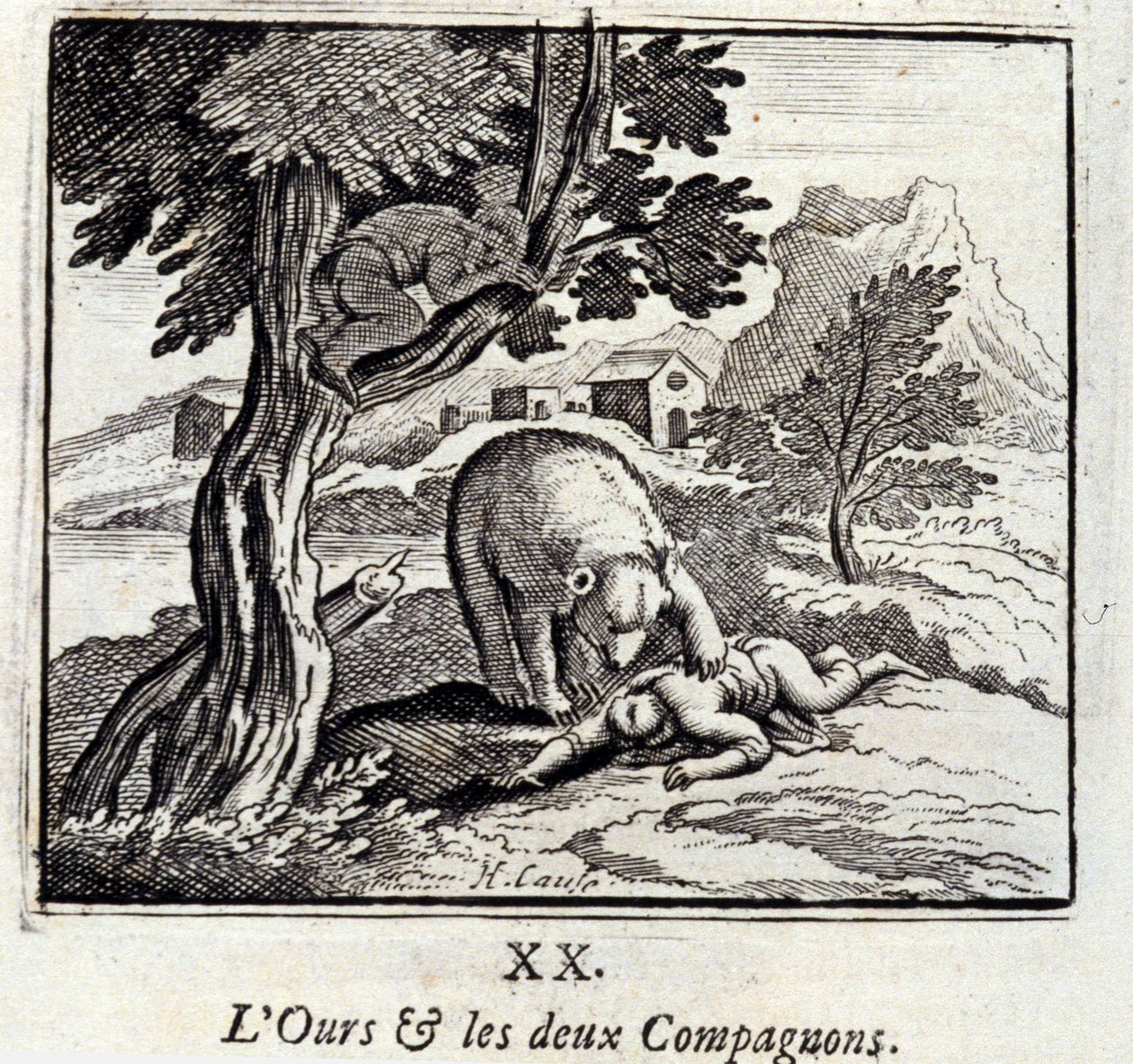 Bjørnen og de to følgesvennene. Fabler av Jean de La Fontaine (1621-95). Illustrasjon av François Chauveau (1613-1676). Utgave av 1728. av Francois Chauveau