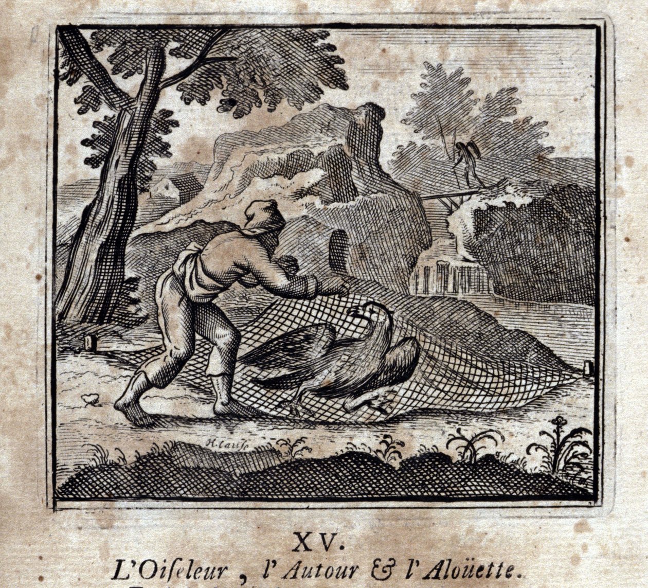 Fuglefuglen rundt og Alouetten. Fabler av Jean de La Fontaine (1621-95). Illustrasjon av François Chauveau (1613-1676). Utgave av 1728. av Francois Chauveau