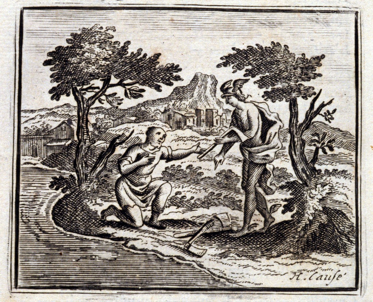 Bucheron og Mercury. Fabler av Jean de La Fontaine (1621-95). Illustrasjon av Francois Chauveau (1613-1676). Utgave av 1728. av Francois Chauveau