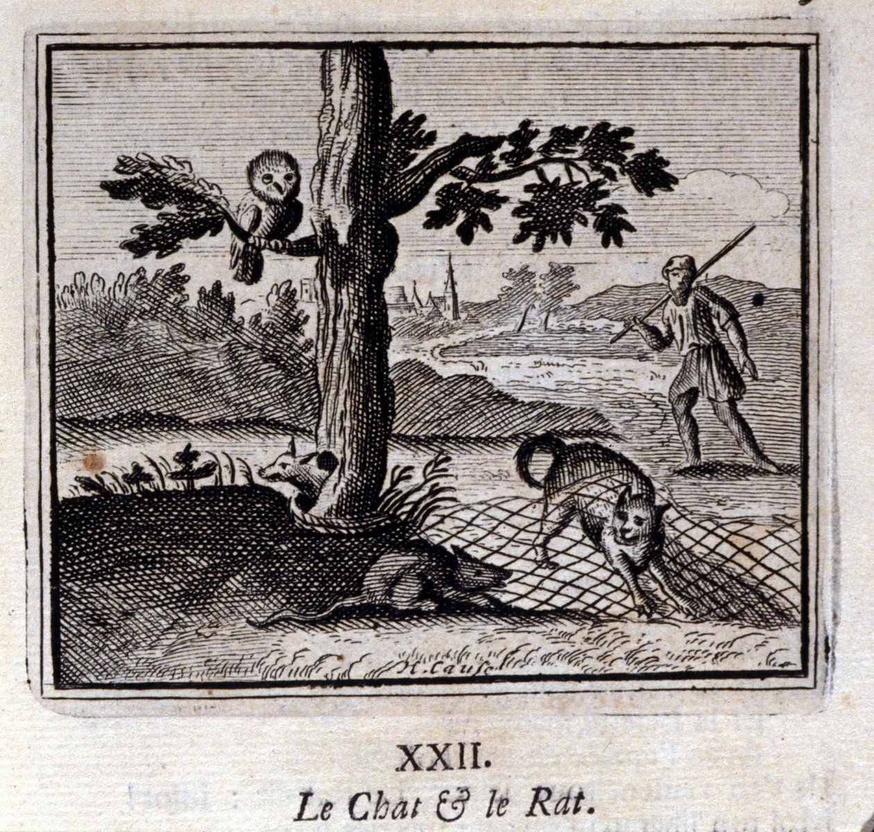 Katten og rotten. Fabler av Jean de La Fontaine (1621-95). Illustrasjon av Francois Chauveau (1613-1676). Utgave av 1728. av Francois Chauveau