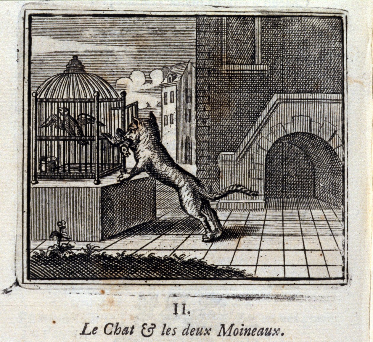 Katten og de to spurvene. Fabler av Jean de La Fontaine (1621-95). Illustrasjon av François Chauveau (1613-1676). Utgave av 1728. av Francois Chauveau