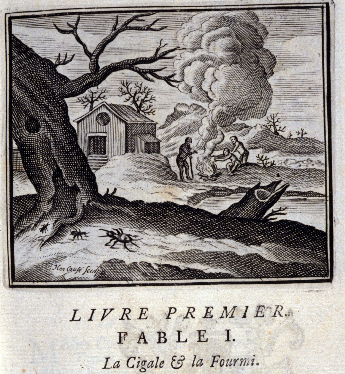 Cigalen og mauren. Fabler av Jean de La Fontaine (1621-95). Illustrasjon av Francois Chauveau (1613-1676). Utgave av 1728. av Francois Chauveau