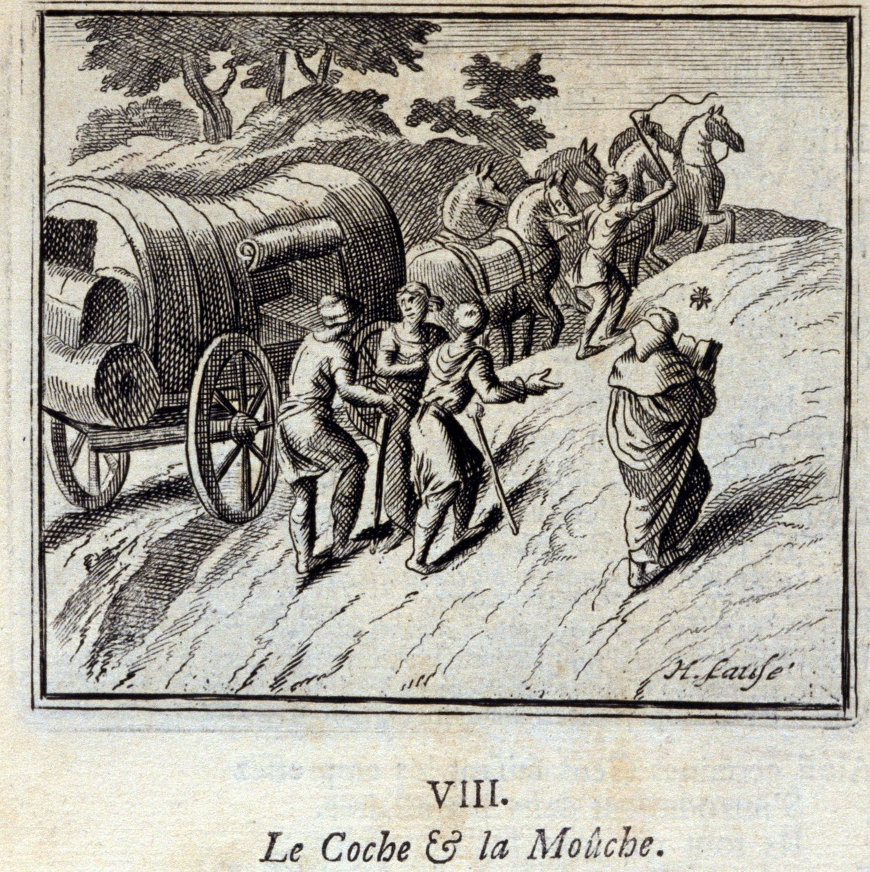 Cochen og fluen. Fabler av Jean de La Fontaine (1621-95). Illustrasjon av Francois Chauveau (1613-1676). Utgave av 1728. av Francois Chauveau