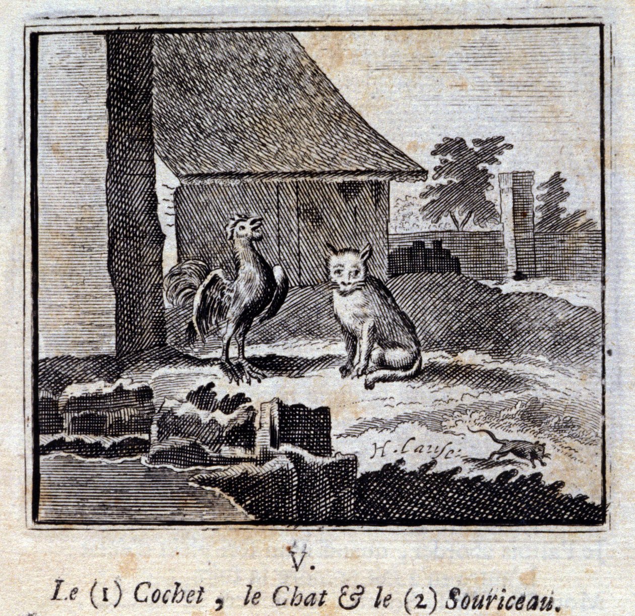 The Cochet, katten og musen. Fabler av Jean de La Fontaine (1621-95). Illustrasjon av François Chauveau (1613-1676). Utgave av 1728. av Francois Chauveau