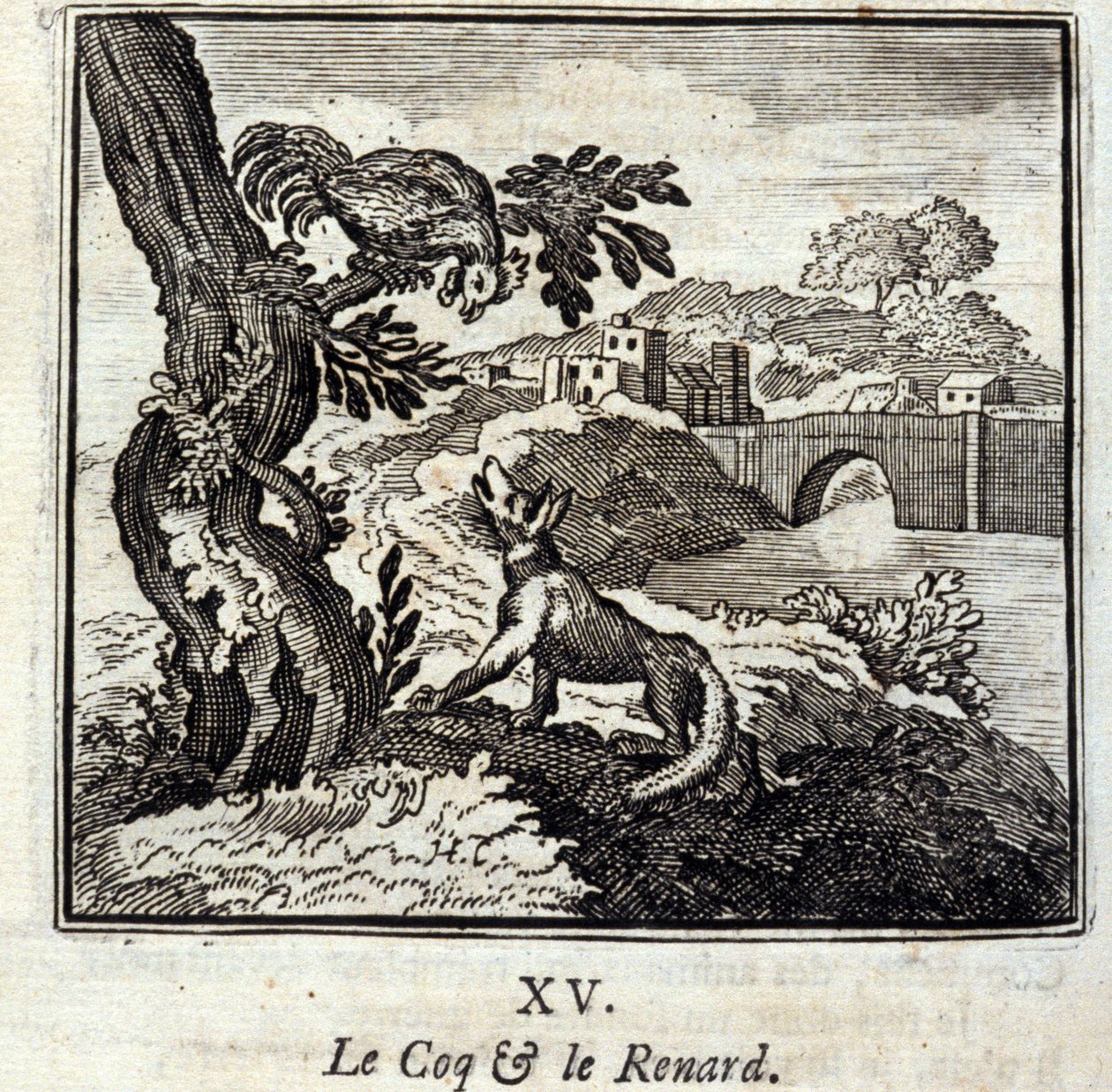 Coq og Fox. Fabler av Jean de La Fontaine (1621-95). Illustrasjon av Francois Chauveau (1613-1676). Utgave av 1728. av Francois Chauveau