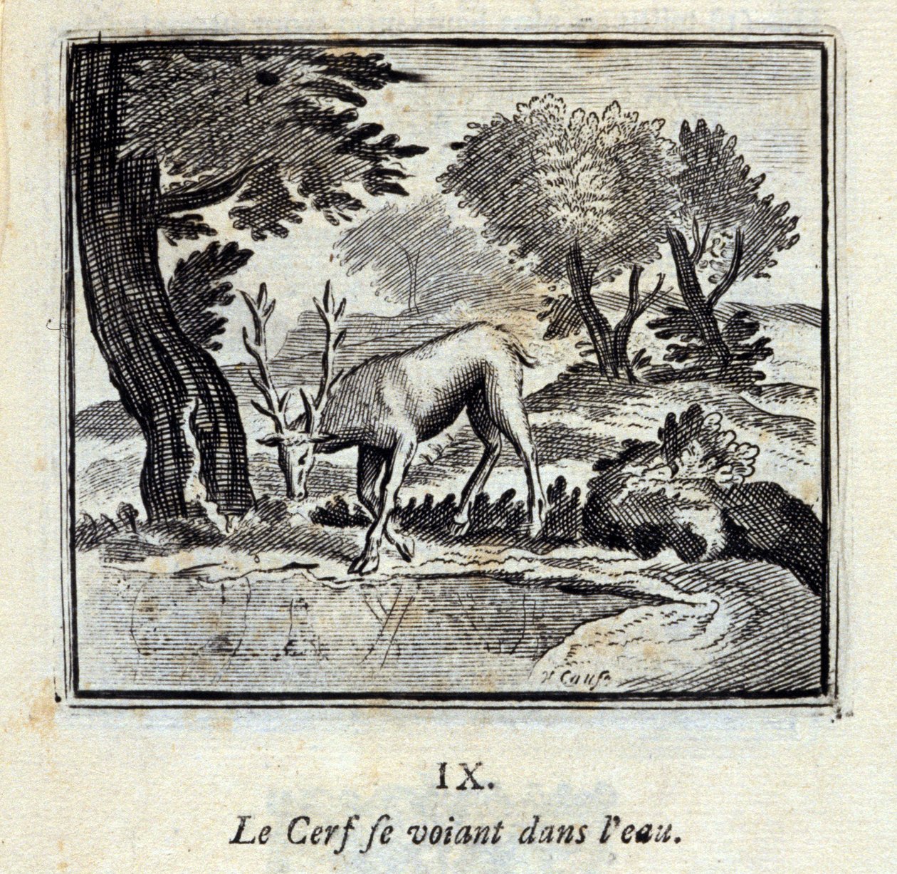 Hjorten ser seg selv i vannet. Fabler av Jean de La Fontaine (1621-95). Illustrasjon av François Chauveau (1613-1676). Utgave av 1728. av Francois Chauveau