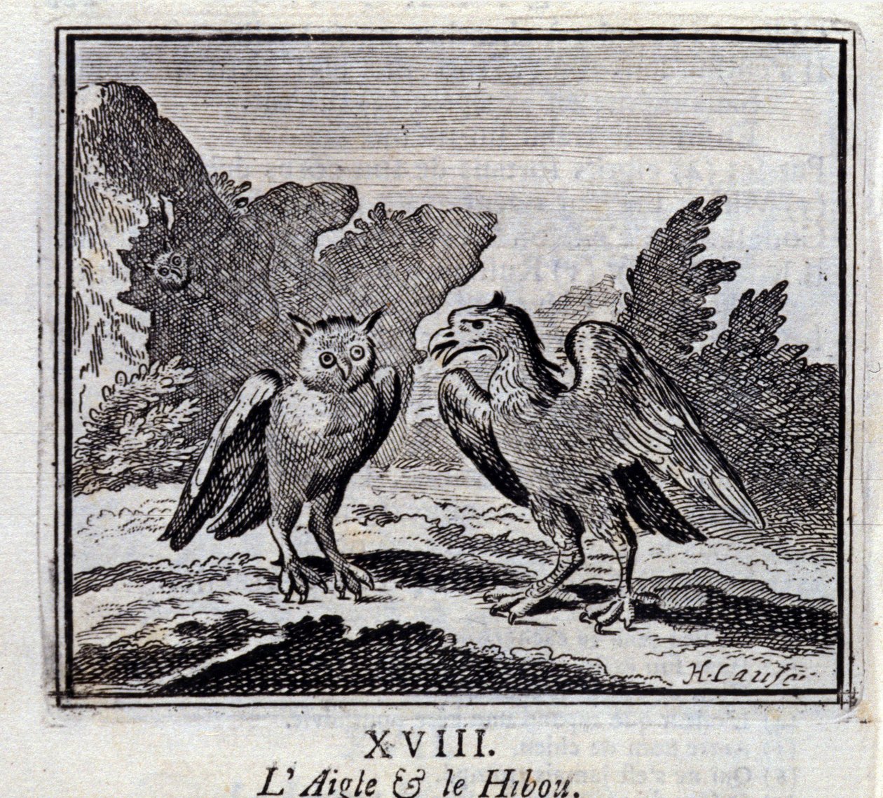 Ørnen og uglen. Fabler av Jean de La Fontaine (1621-95). Illustrasjon av François Chauveau (1613-1676). Utgave av 1728. av Francois Chauveau