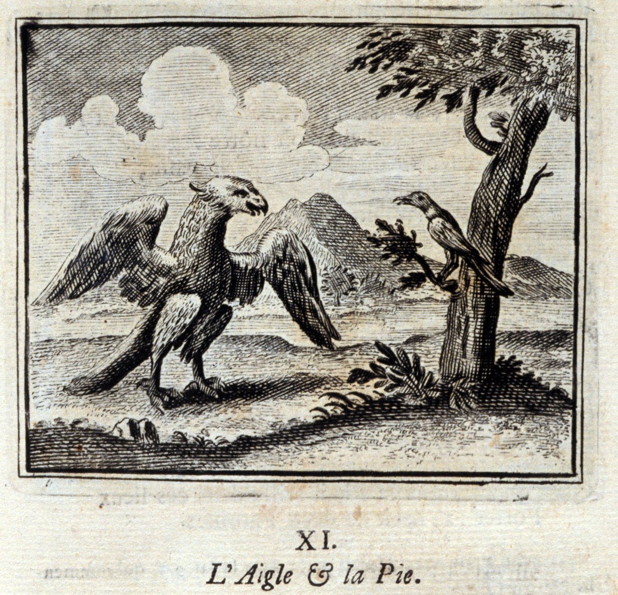 Ørnen og Piusen. Fabler av Jean de La Fontaine (1621-95). Illustrasjon av François Chauveau (1613-1676). Utgave av 1728. av Francois Chauveau