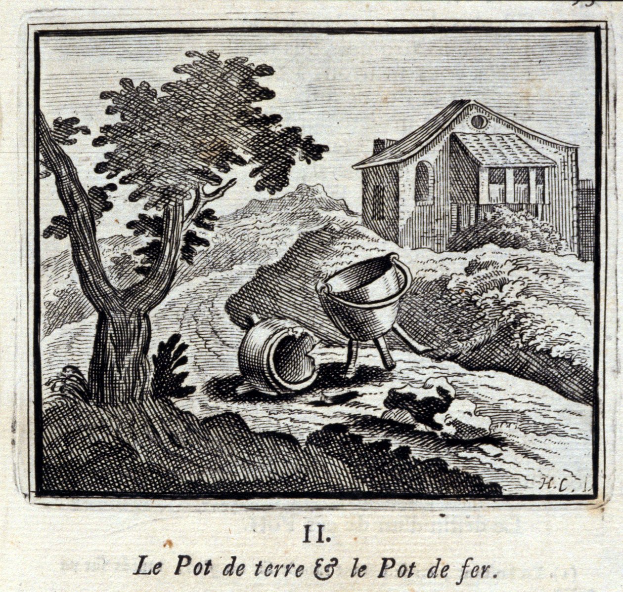 Jordpotten og jerngryten. Fabler av Jean de La Fontaine (1621-95). Illustrasjon av François Chauveau (1613-1676). Utgave av 1728. av Francois Chauveau