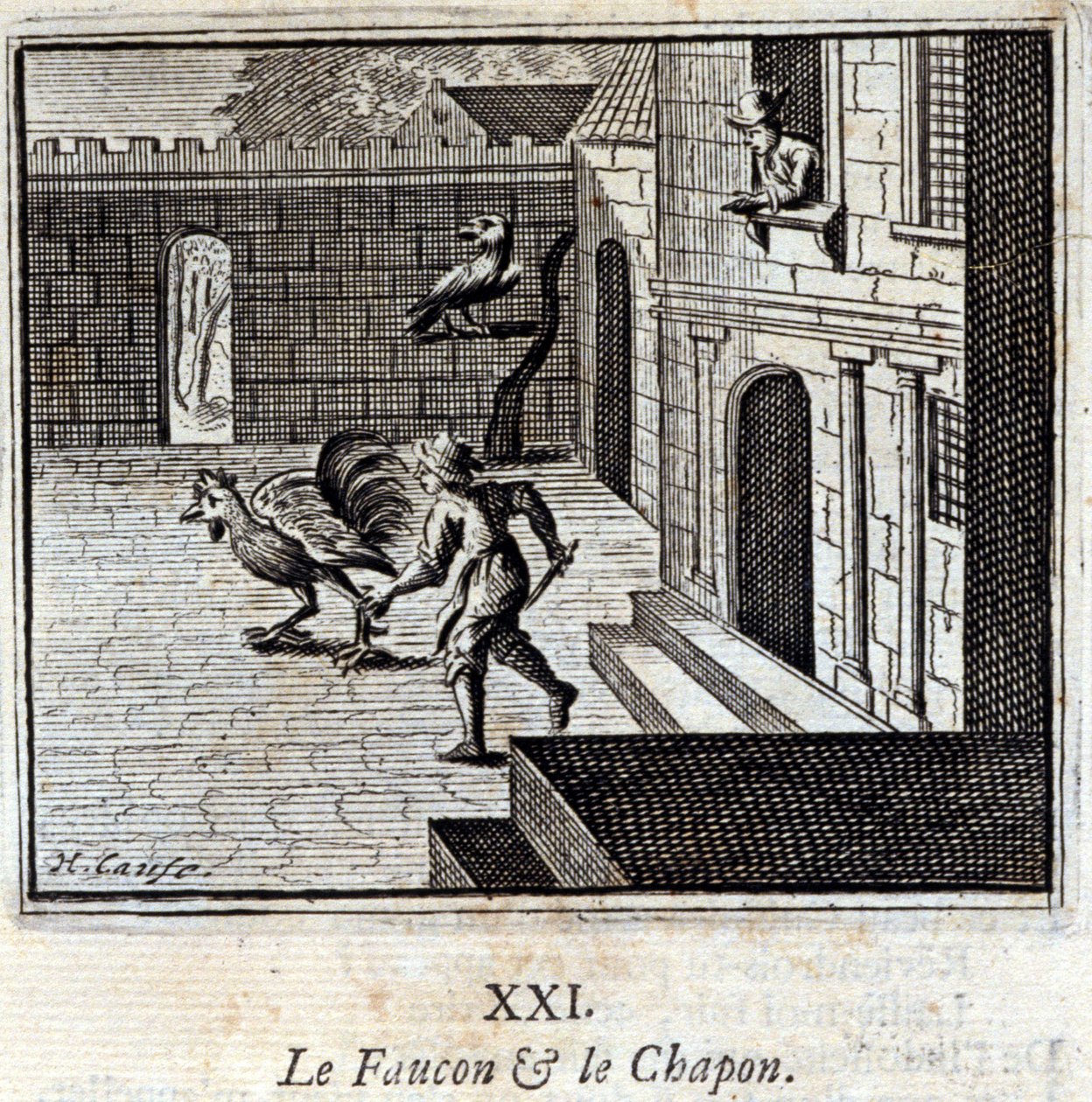 Falken og Kaponen. Fabler av Jean de La Fontaine (1621-95). Illustrasjon av François Chauveau (1613-1676). Utgave av 1728. av Francois Chauveau
