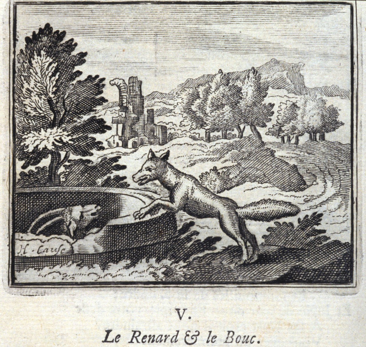 The Fox and the Goat. Fables av Jean de La Fontaine (1621-95). Illustrasjon av Francois Chauveau (1613-1676). Utgave av 1728. av Francois Chauveau