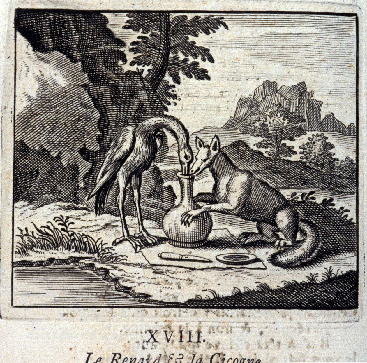 The Fox and the Stork.Fables av Jean de La Fontaine (1621-95). Illustrasjon av Francois Chauveau (1613-1676). Utgave av 1728. av Francois Chauveau