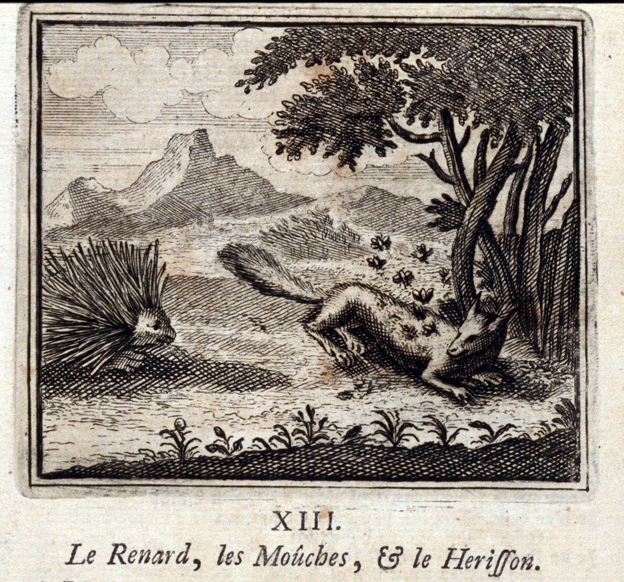 Reven, fluene og Herisson. Fabler av Jean de La Fontaine (1621-95). Illustrasjon av François Chauveau (1613-1676). Utgave av 1728. av Francois Chauveau